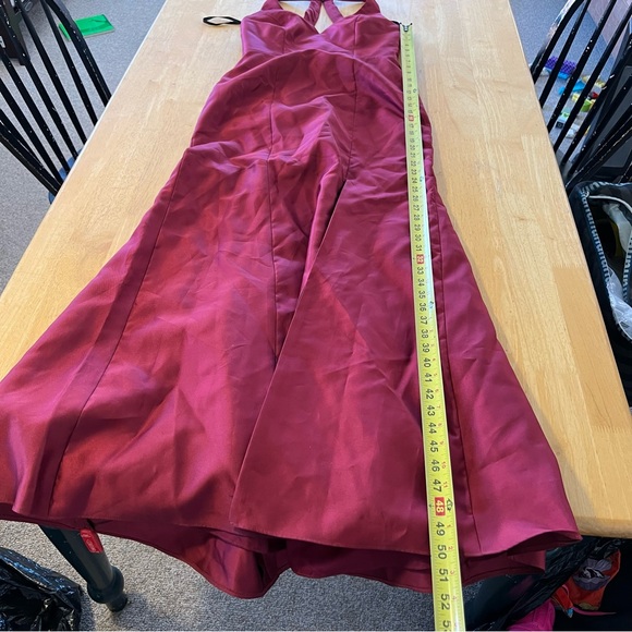 ALFRED SUNG v neck halter satin trumpet grown in Deep Red Maxi Dress - Picture 5 of 13